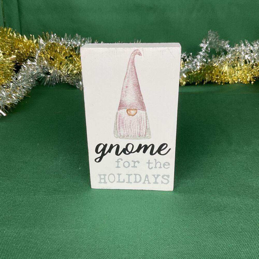 Rustic "Gnome for the Holidays" Wood Block Sign - Pink Gnome Shelf Sitterthey